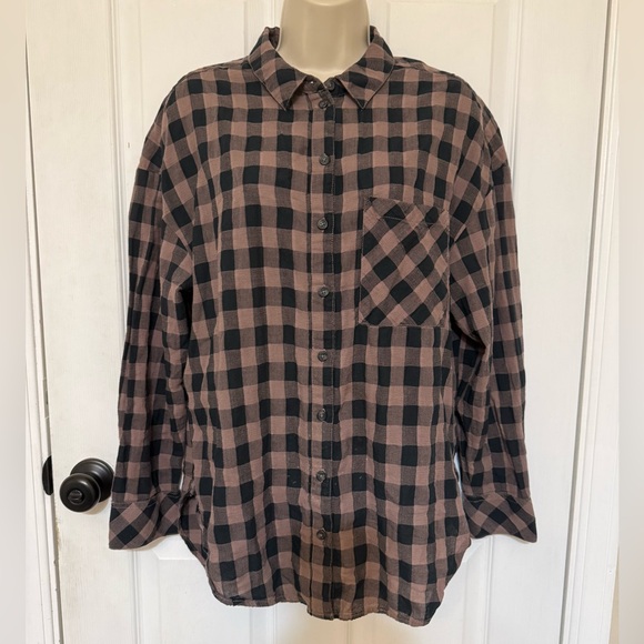 Sanctuary Brown Plaid Flannel Button Up Shirt Soft Boyfriend Fit M - Picture 3 of 5